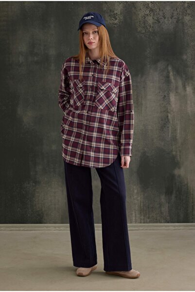 HEQA Cămașă în carouri cu detaliu buzunar, roșu claret