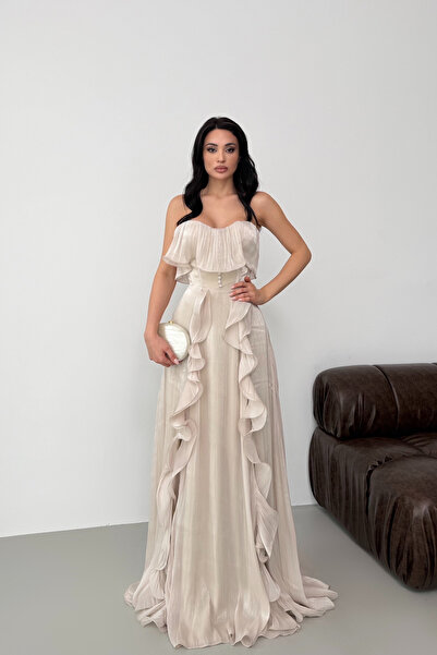 Serica Moda Βραδινό φόρεμα από σιφόν με στράπλες και φτερωτό τελείωμα