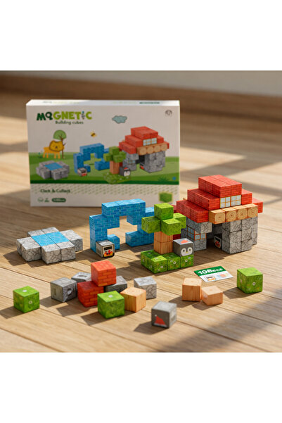 hopinoo Cuburi Magnetice Hopinoo™ -108 Piese, Constructii 3D STEM,Tematica Natura,Stil Minecraft, Sac inclus