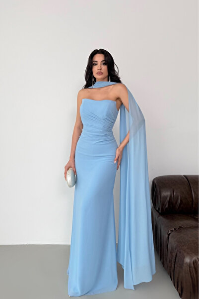 Serica Moda Bebe Mavi Straplez Şal Detaylı Drapeli Abiye Elbise