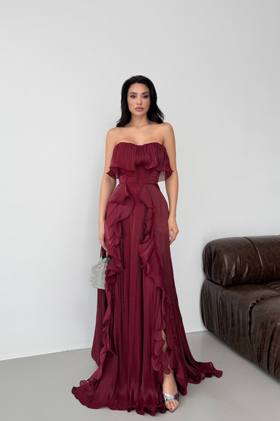 Serica Moda Rochie de seară din șifon, fără bretele, cu volane și șliț, de cu...