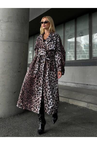 MAESTRO WOMAN Kadın Leopar Desenli Kuşaklı Uzun Trençkot