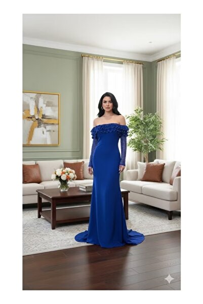 FULLJOY An elegant off-the-shoulder maxi dress with a soft ruffle at the bust...