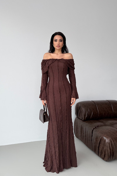 Serica Moda Coffee Boat Neck Flared Sleeve Lace Dress