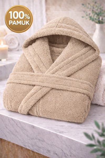 İQON 100% бавовняний унісекс халат для ванної кімнати, однотонний, бежевий