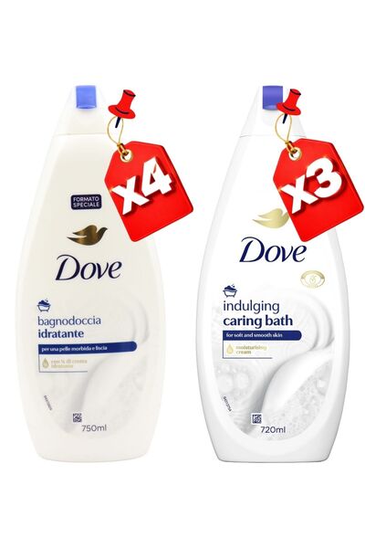 Dove SHOWER GEL 750ML Moisturizing X4 + 720ML INDULGING CARING BATH X3