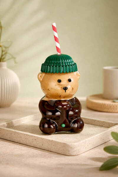 Anadolu Saray Barista Ayıcık Figürlü Cam Soğuk İçecek Bardağı 550 ml Pipetli ...