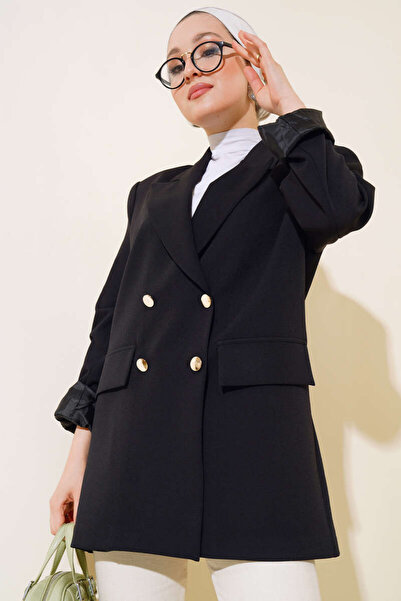 Tesettür Diyarı Double-Breasted Collared Buttoned Blazer Hijab Jacket - Black