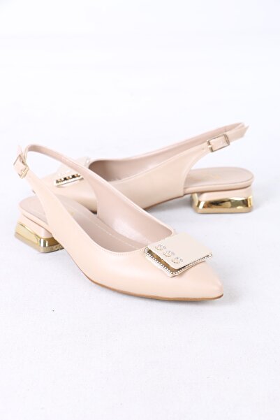 moda vav Kadın Aksesuarlı Kısa Topuklu Sivri Burun Arkası Açık Babet