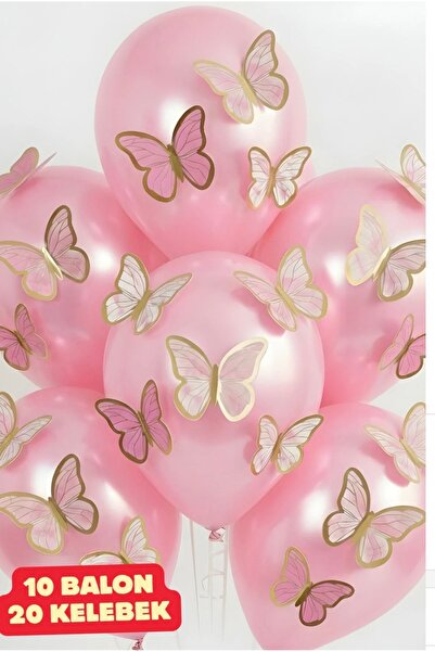 Çemrek Süs Parti 10 Adet Pembe Balon ve 20 Adet Kelebek Set
