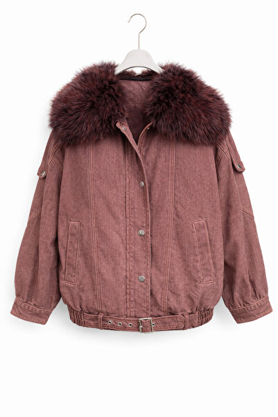 günay boutıque Fur Collar Detailed Denim Coat - Burgundy