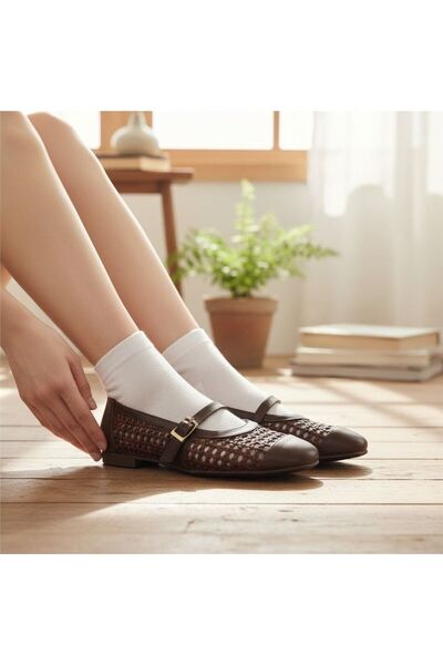 NE&VE SHOES Kahve Deri Biye Örgü Detaylı Tokalı Kadın Babet