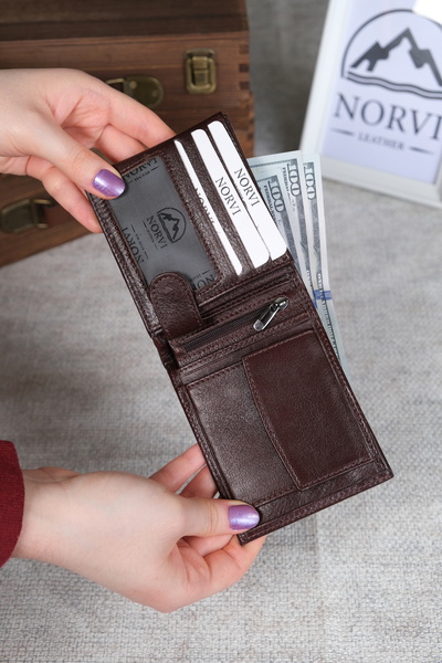 Norvi Leather Horizontal Genuine Leather Wallet with Snap Fasteners and Zippe...