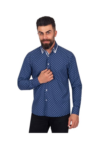 MAKROM Double Collar Design White Floral Navy Blue Shirt