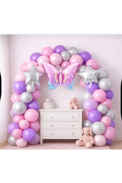 Çemrek Süs Parti Lilac Pink Silver Balloon Chain Set Includes 103 Butterfly a...