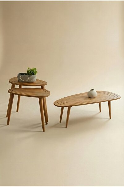 Fawdecor Sweet Modern Masif Doğal Ahşap Orta Sehpa ve 2’li Zigon Sehpa Seti