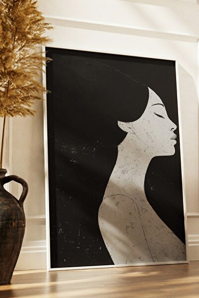 Monochrome Series Abstract Women Painting with Wooden Frame, Minimalist Home, Office Wall Decoration