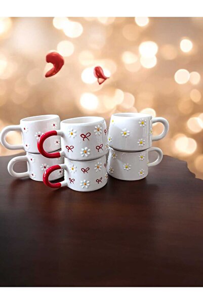 aktas seramik Set of 6 Daisy Patterned Ceramic Mugs