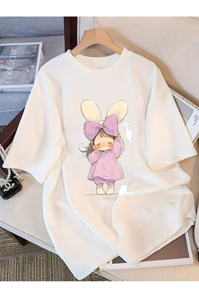 ELAN WEAR Cute printed oversize women's/men's unisex white t-shirt