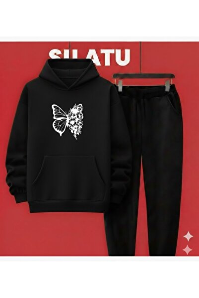 TUNWEX Unisex Hooded Butterfly Bottom Black 2-Piece Set