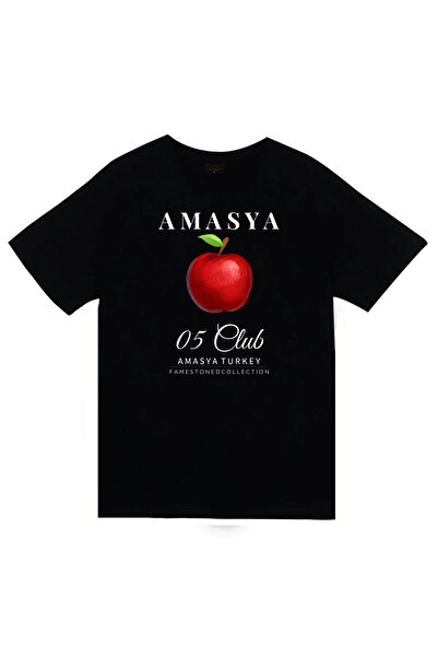 fame-stoned Amasya -05 - Elma - City Printed Unisex 100% Cotton Black T-Shirt
