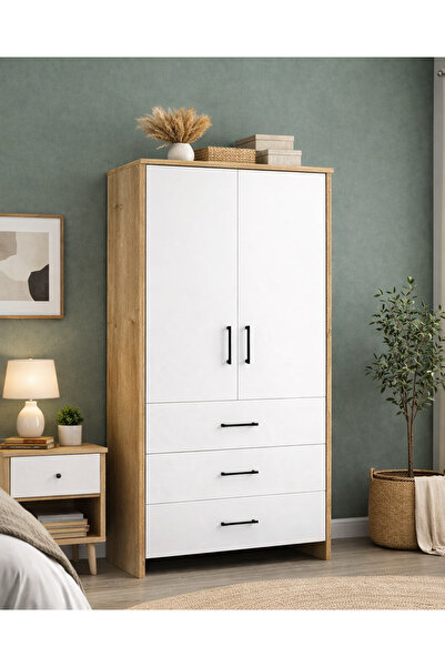 Naturel Kitchen 2 Kapaklı 3 Çekmeceli Safir Meşe-Beyaz Gardırop – Modern Kull...