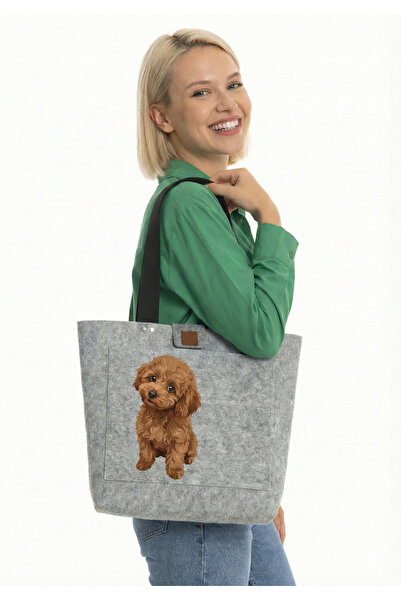 dilekolay Large Shoulder Bag - Printed Felt Bag - Pet Series - Dog - 40 X 33 cm