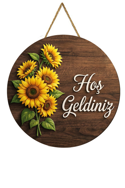 MARNELLO CONSEPT "Hoş Geldiniz" Kapı Süsü - Ayçiçek Desenli Ahşap MDF 2D Baskı