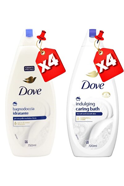 Dove SHOWER GEL 750ML Moisturizing X4 + 720ML INDULGING CARING BATH X4