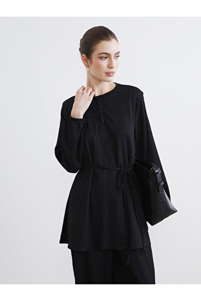 LC Waikiki Crew Neck Patterned Tunic with Waist Tie