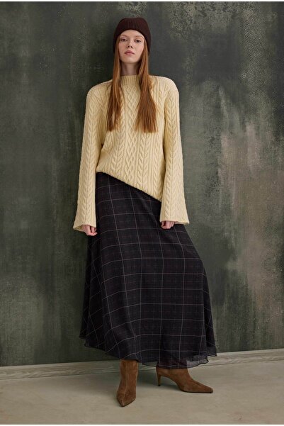 HEQA Καρό φούστα σιφόν χακί