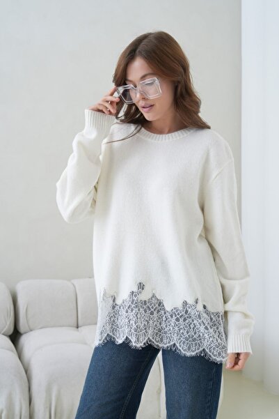 Noi Belis Lace Detailed Soft Textured Crew Neck Knitwear Sweater Aw25Kz0135
