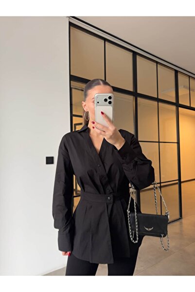 BB Bensu Buyruk Черна поплинена риза с детайл с двойно закопчаване