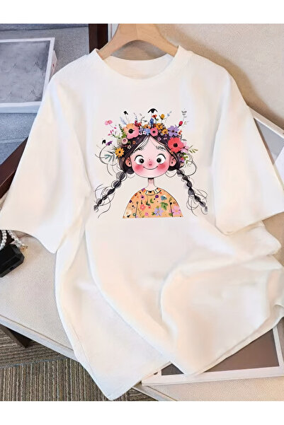 ELAN WEAR Girl Printed Oversize Women'S/Men's Unisex White Tshirt