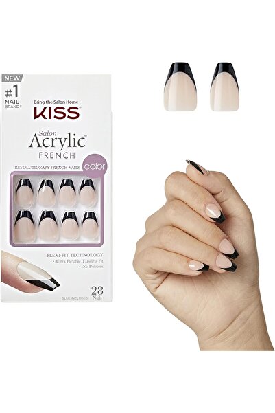 Kiss أظافر أكريليك فرنسية - أظافر لاصقة بتصميم لهب، أسود، شكل مربع ضيق، 31 قطعة