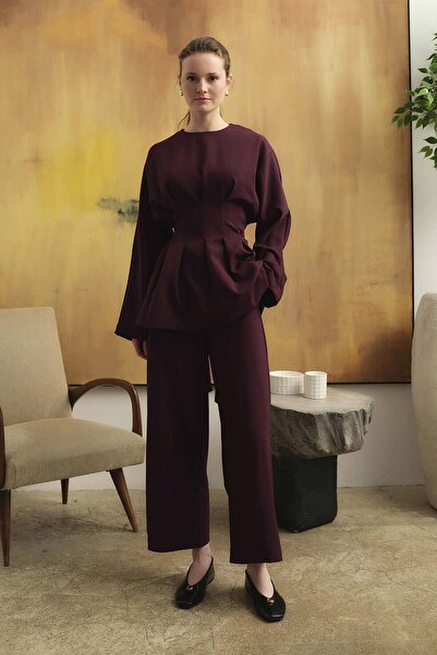 Hooopstore Set bluză cu detalii din pluș și pantaloni din burgundy