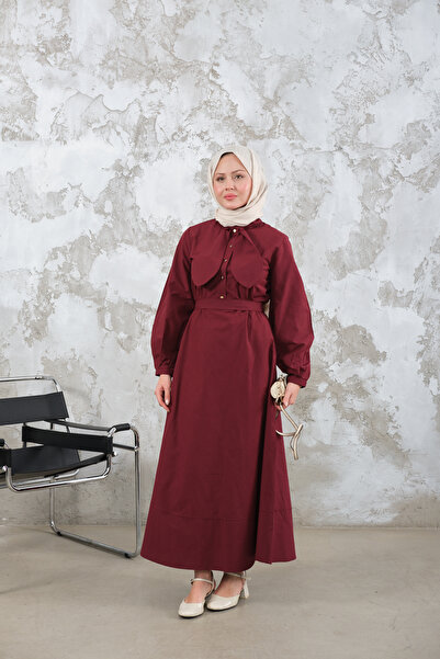 LOCCO Women's Waist Tie Dress Burgundy