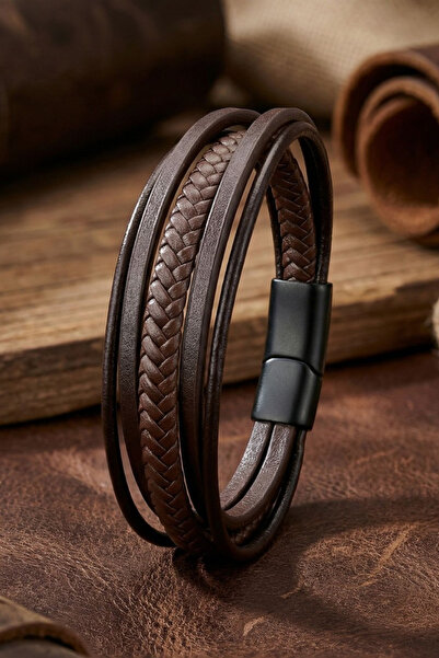 OSMANLI GÜMÜŞ Men's Leather Bracelet Light Brown Multi Leather Cord Bracelet ...
