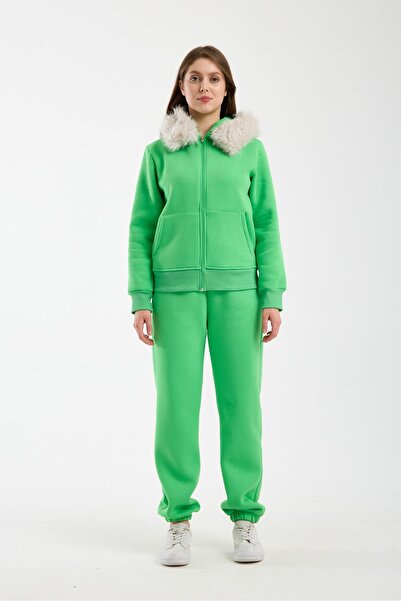 Afri Women's Green Hooded Sweatshirt with Fur (Removable) and Zipper, Sweatsh...