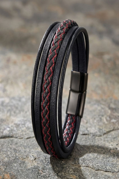OSMANLI GÜMÜŞ Men's Leather Bracelet Black and White Multi Leather Cord Brace...