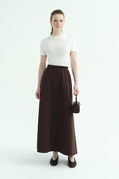 Hooopstore Elastic Waist Scuba Brown Skirt