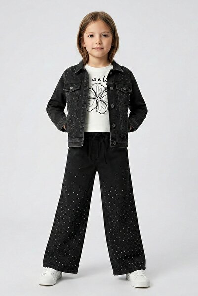 Dmb بنطلون جينز ستوندالي باليزو للفتيات من عمر 4-9 سنوات باللون الأسود