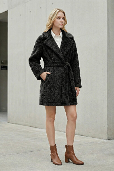 Kirazgym Women's Belted Pocketed Bearded Plush Cashmere Hat - Black