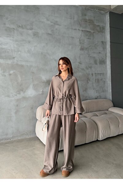 LE CARAMBOLE Women's Mink Oversize Lace-Up Waist Shirt and Trousers Two-Piece...