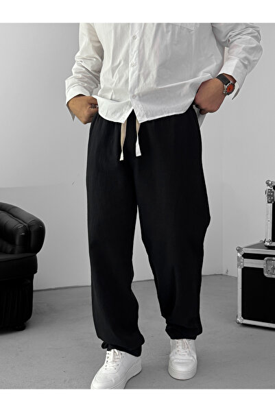 BYBASICMAN Black Baggy Cotton Linen Trousers G-5790