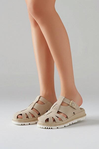 Voyager V26YT-Z797 Bej Süet Deri Comfort Kadın Günlük Terlik