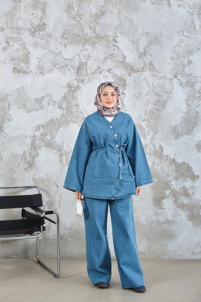 LOCCO Women's Side Button Detail Waist Tie Jeans Set Blue