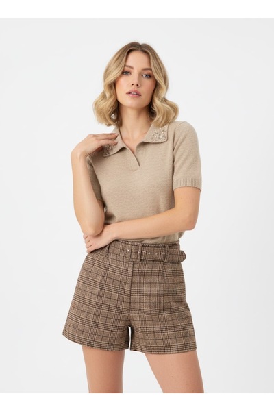 Noi Belis Pearl Detailed Polo Collar Soft Textured Short Sleeve Knitwear Blou...