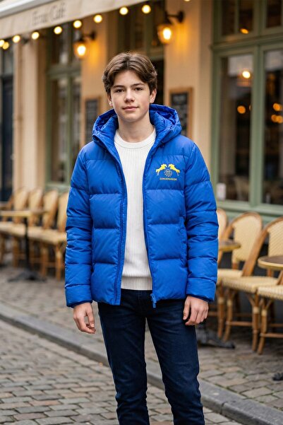 FAMODA Palton pufos albastru cu glugă detașabilă pentru băieți