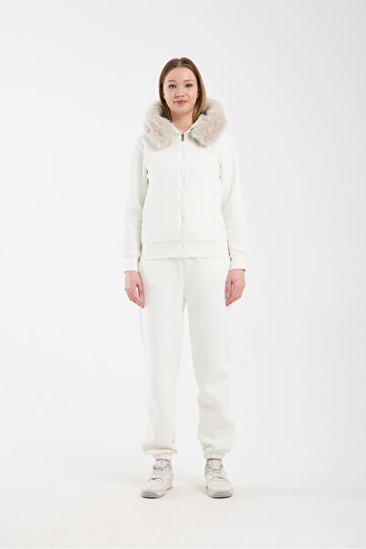 Afri Women's Ecru Hooded Sweatshirt with Fur (Removable) and Zipper, Sweatshi...